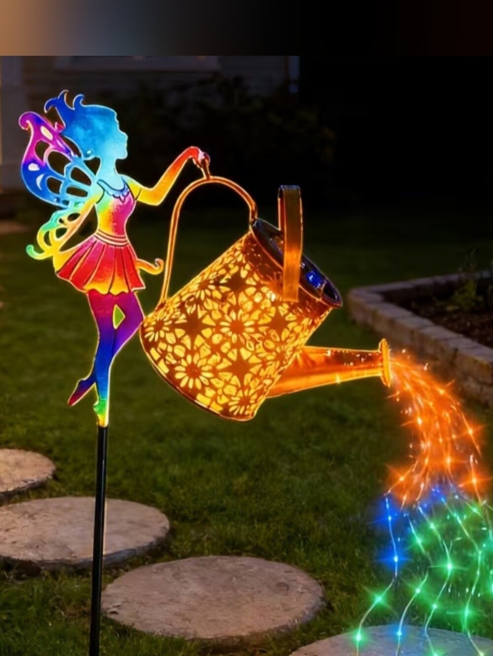 Solar Rainbow Fairy Watering Can Lawn Stake - Multicolor With Shep Hook